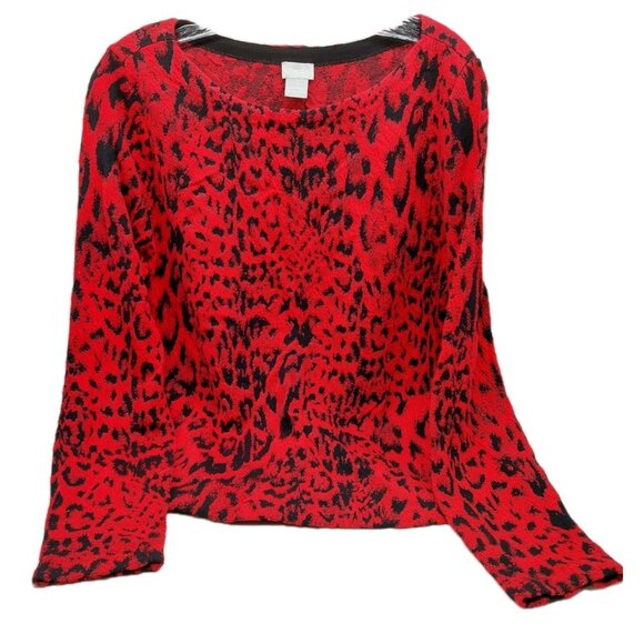 Chico's Womens Sweater Size 1 Medium Wild Poppy Animal Print Red Black - Picture 1 of 8